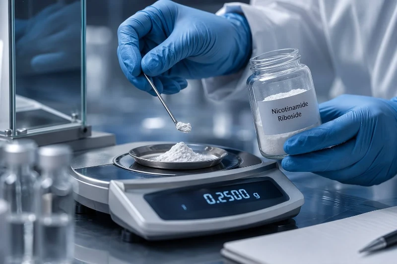 scientist-weighing-nicotinamide-riboside-powder-lab scientist-weighing-nicotinamide-riboside-powder-lab